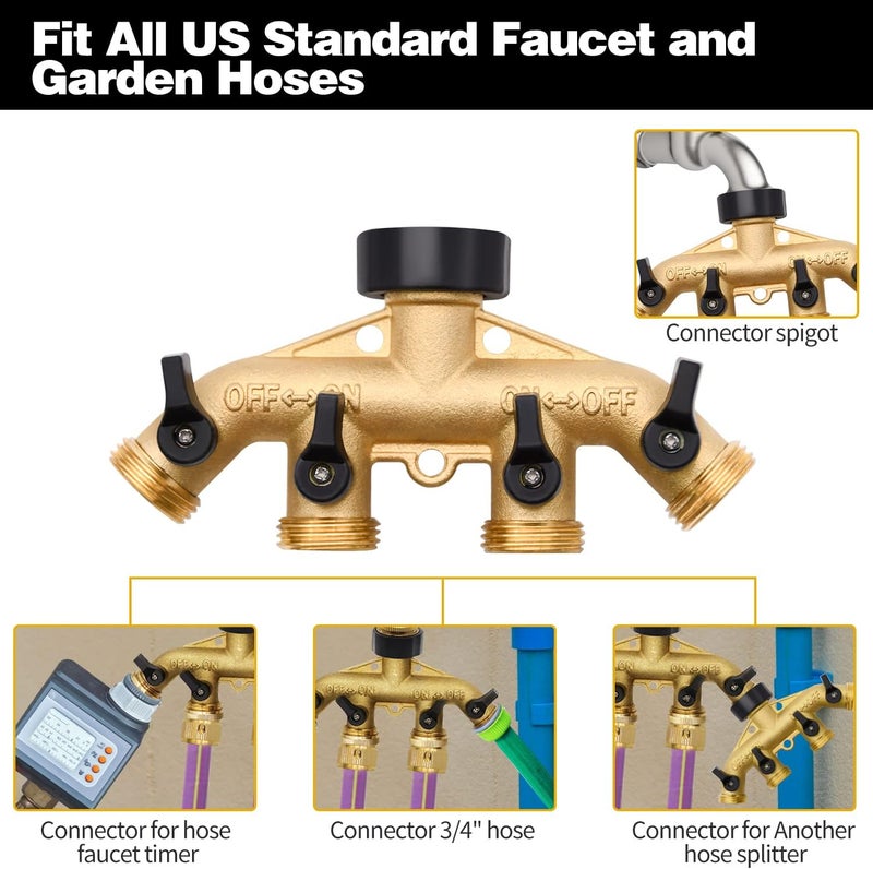 LFSEMINI 2 Pack Hose Splitter, 4 Way Heavy Duty Brass Garden Hose Splitter, for 3/4" Hose Connector, Brass Garden Hose Manifold with Rubber Washers & Tapes(2 pack 4 way) - Image 4